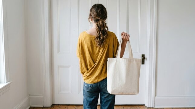 A young woman is carefully looking at a plain white tote bag while standing by a bright window in a simple room