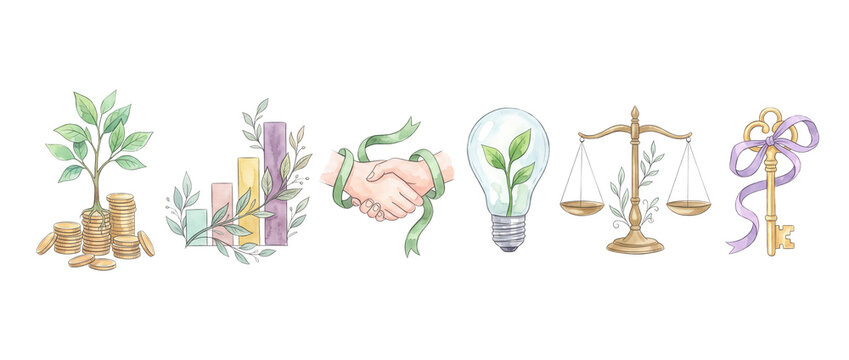 ESG business icons set watercolor for corporate sustainability showing money growth plant chart handshake lightbulb scales and key icons isolated on black background for ethical investment concept