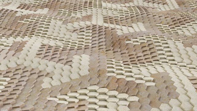 3D rendering abstract seamless loop featuring textured hexagonal stone pavers moving in a smooth undulating wave pattern, ideal for architecture backgrounds.