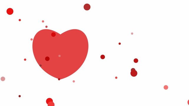 Red heart shape surrounded by floating circular particles drifts smoothly over a clean white background in a minimal motion graphics design