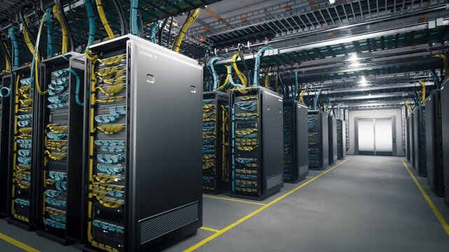 Data Center Server Room Rack Aisle Hosting Ai Training Clusters, Where Deep Machine Learning and Big Data Workloads Run on Gpu Compute Nodes Linked by Fiber Optic Cable and Network Switches.