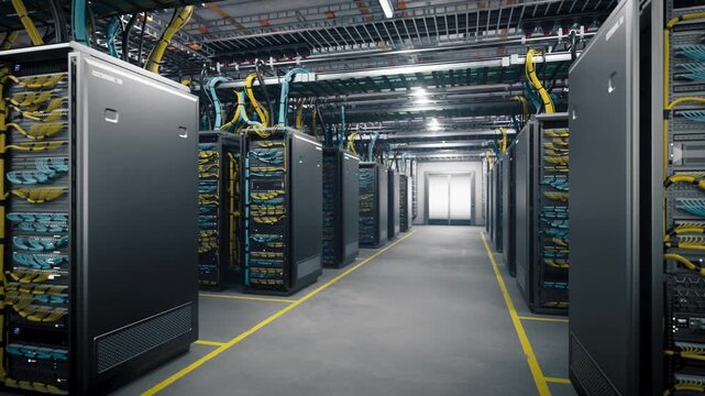 Data Center Server Room Built for Artificial Intelligence Training, With Rows of Gpu Racks, Fiber Optic Cabling and High Speed Network Switches Processing Deep Learning Models and Big Data Workloads.