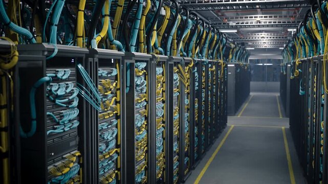 Data Center Server Room Rack Row Dedicated to Ai Artificial Intelligence Training and Hosting, Where Deep Machine Learning Models Crunch Big Data on Gpu Clusters Linked by Dense Fiber Patch Panels.