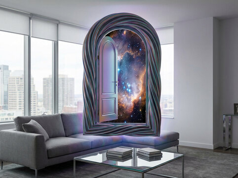 Portal floating in a modern apartment revealing a vibrant nebula and stars inside a surreal cosmic doorway