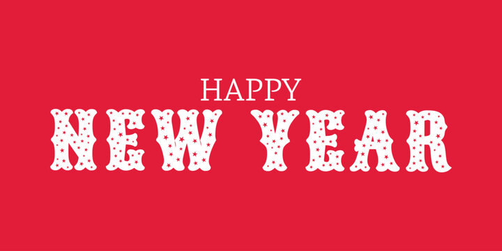 Happy New Year vintage typography with star pattern, classic holiday invitation card, retro celebration design.