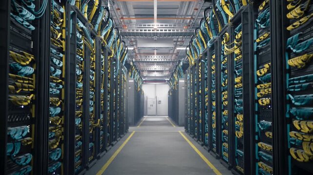 Data Center Server Room Rack Row Dedicated to Ai Artificial Intelligence Training and Inference Hosting, Deep Machine Learning Algorithms Crunch Big Data Through Gpu Nodes and Fiber Optic Switches.