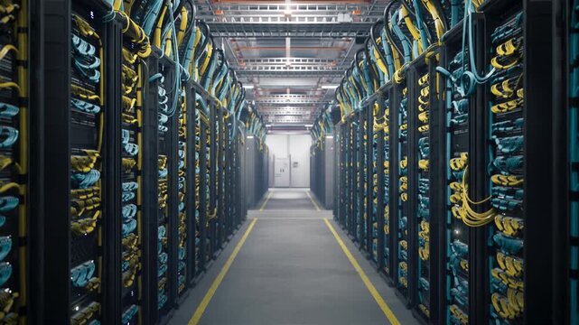 Data Center Server Room Rack Corridor Powering Ai Artificial Intelligence Training and Enterprise Hosting, Where Deep Machine Learning Neural Networks Compute Big Data on Gpu Clusters.