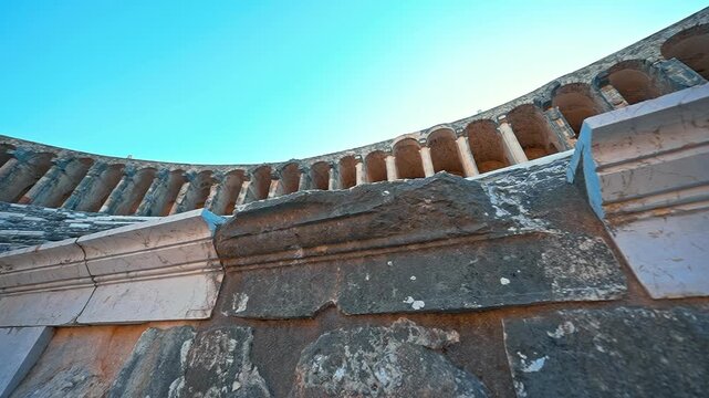 Aspendos Ancient City in Antalya, Turkiye, reveals close-up stone details that highlight the texture and craftsmanship of ancient architecture.