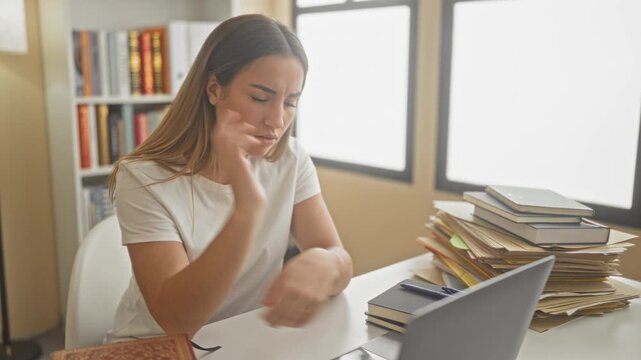 Woman leaning forward, hands on laptop keyboard typing at desk with stacked folders and books in a building; study concentration.
