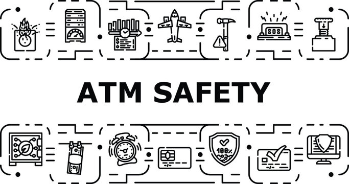 Atm safety banner infographic. Surveillance awareness, observation alertness, escort caution icon vector illustration