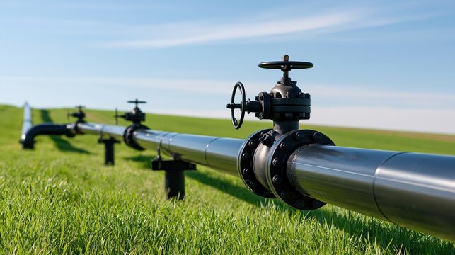 Industrial pipeline with valves in grassy landscape under blue sky