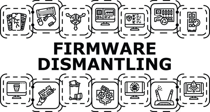 Firmware dismantling banner infographic. Analysis exploitation, reverse flashing, decoding tracing icon vector illustration