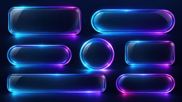 Shiny neon frames in geometric shapes with glowing blue and purple edges for digital signage or interface templates.