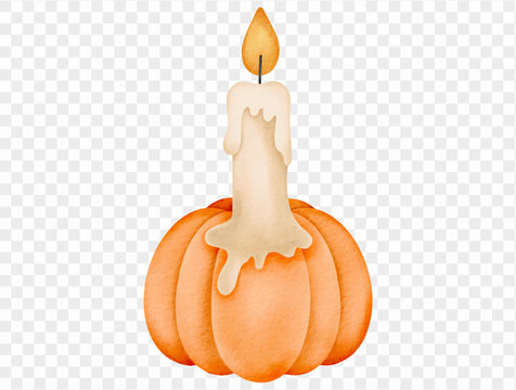 Melted ivory candle with glowing orange flame standing on an orange pumpkin, watercolor Halloween illustration for spooky autumn decorations, party invitations and seasonal clipart Vector.