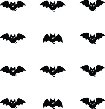 A repeating pattern of cute cartoon bat silhouettes with smiling faces and spread wings arranged in a grid on a white background surface