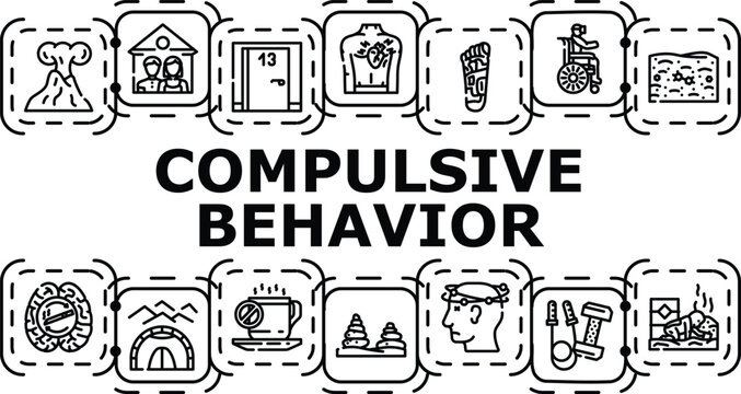 Compulsive behavior banner infographic. Disorder fixation, ritual routine, stress compulsion icon vector illustration