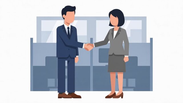 Flat vector illustration of a businessman and businesswoman shaking hands in an office after closing a successful business deal, and professional collaboration, 4K video