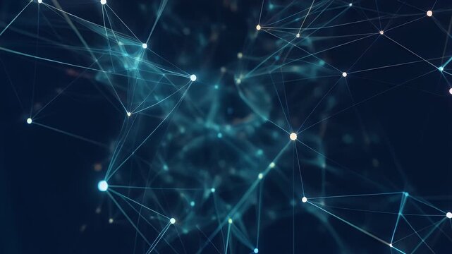 A dark, abstract digital network visualization with glowing nodes and connections.