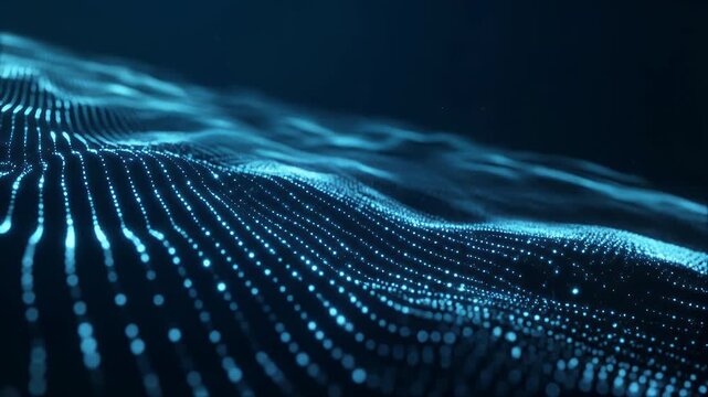 A mesmerizing abstract depiction of flowing, undulating digital particles in a dark blue expanse.
