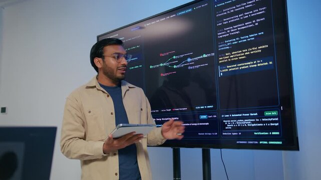 Professional Indian Software Engineer Presenting and Explaining Software Deployment Generative Artificial Intelligence Application Development to Colleagues During Professional Technical Meeting.