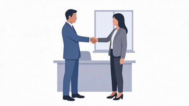 Flat vector illustration of a businessman and businesswoman shaking hands in an office after closing a successful business deal, and professional collaboration, 4K video