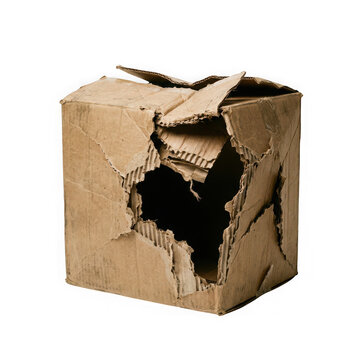 Damaged cardboard box with a large hole in the center isolated on transparent background