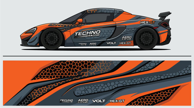 Car Wrap Design with Racing Livery in Orange Black and Gray