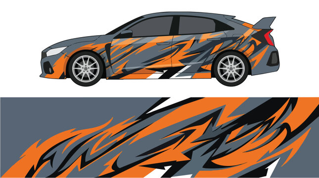 Car Wrap Design with Aggressive Camouflage Decal in Orange and Gray