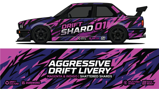 Car Wrap Design with Aggressive Drift with Shattered Shards in Magenta and Indigo Decal