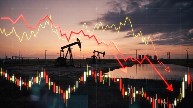 Crude oil price drop concept with oil pump jack silhouettes and declining financial charts at sunset