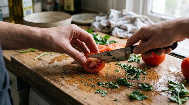 Rustic wooden cut board closeup, hands slicing fresh red tomato with a sharp knife, juicy green herbs scattered on the surface, home cooking setting