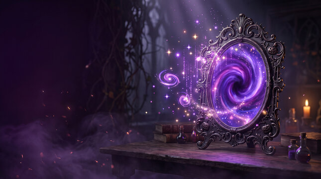 Ornate Magic Mirror with Glowing Purple Portal and Swirling Galaxy Energy on a Dark Wooden Table