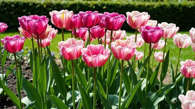 Beautiful close up of pink and white blooming tulip flowers in a spring garden with a musical interlude