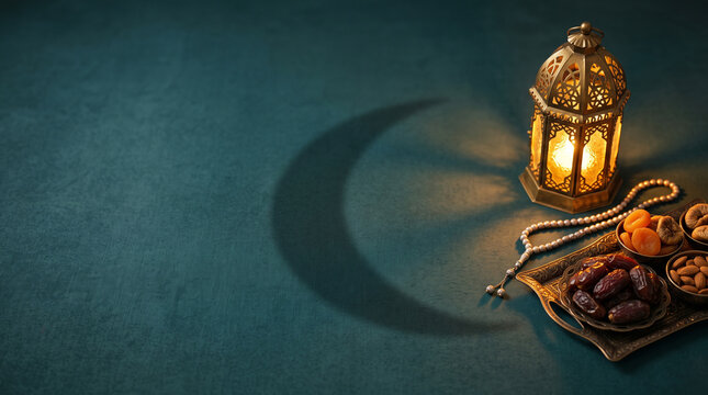 Ramadan lantern with prayer beads and dates on a tray, crescent moon shadow, dark teal background