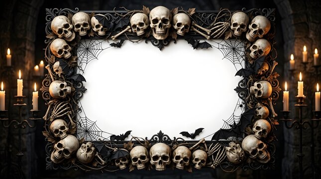 Spooky halloween border decorated with detailed human skulls bats spiderwebs and glowing candles in darkness