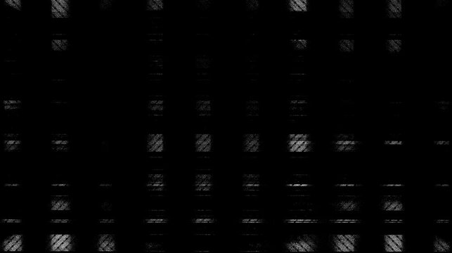 Strobing monochrome glitch overlay with hatched white blocks flickering in a grid on black. Fast digital texture for screen blend transitions, music videos and techno edits.
