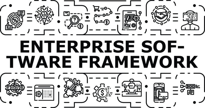 Enterprise software framework banner infographic. Modular cloud, security api, middleware integration icon vector illustration