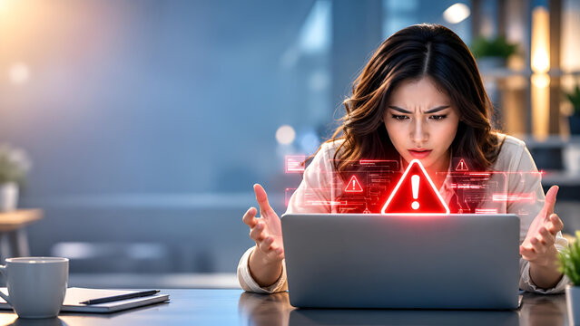 Young woman frustrated at laptop; red alert icon over screen. Cybersecurity issue, data breach concept in modern office setting.