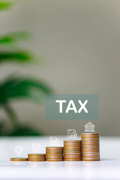 Tax increase for Stack of silver coins with up arrow. Higher interest rates and steady growth in money investments. This represents a form of trade barrier involving tariffs.