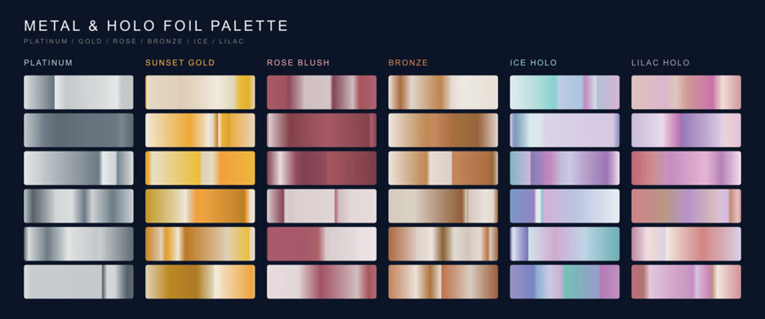 rose blush and bronze metallic gradient bar swatches, ice silver and luxury gold horizontal foil color chart, premium metallic gradient palette for packaging branding, aesthetic metallic color swatche