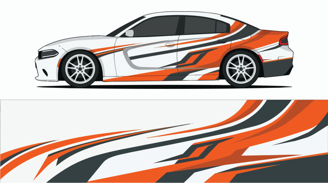 Car Wrap Design with Dynamic Racing Livery in Orange Black and White