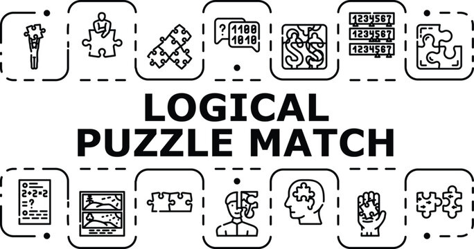 Logical puzzle match banner infographic. Logic pairing, strategy inference, grid solution icon vector illustration