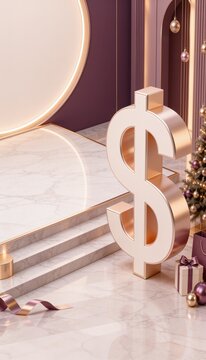ピンクのステージのドル記号とクリスマス装飾の縦長背景