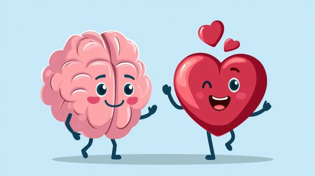 cute brain and heart characters happily celebrating friendship and love illustration