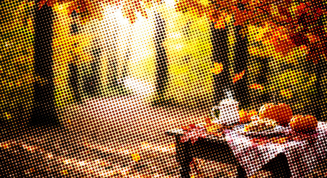 Autumn garden picnic table with pumpkins and foliage in halftone dot style halftone effect