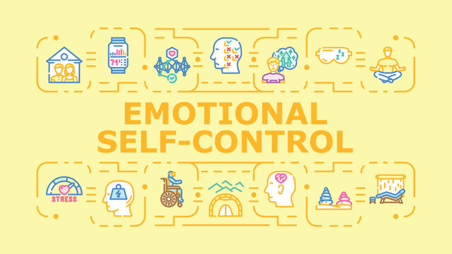 Emotional self-control banner infographic. Balance resolve, composure patience, restraint regulation icon vector illustration