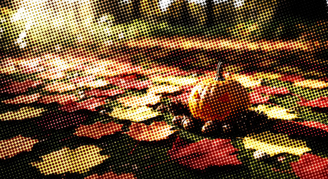 Single pumpkin resting on a bed of fallen autumn leaves in a halftone dot pattern halftone effect