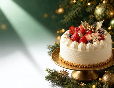 いちごのケーキを右側に置いた緑のクリスマス背景