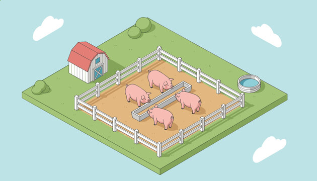 Group of pigs in a wooden fenced enclosure on a farm eating from a long trough with a small barn and water basin nearby.