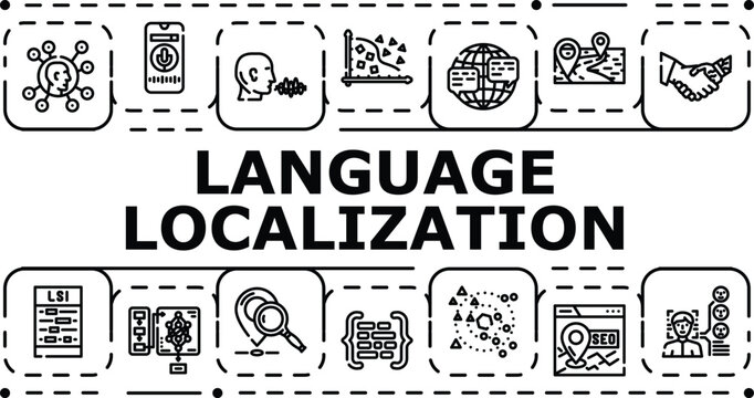 Language localization banner infographic. Linguistics context, transcreation phrasing, regional glossary icon vector illustration